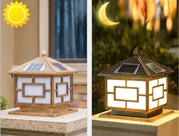 Mẫu đèn trụ cổng năng lượng mặt trời kiểu vuông mái chóp ban ngày và ban đêm